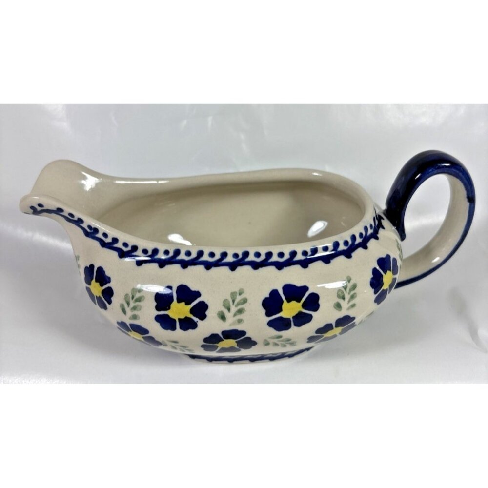 Boleslawiec Polish Pottery Gravy Boat Blue Floral Hand Made Poland